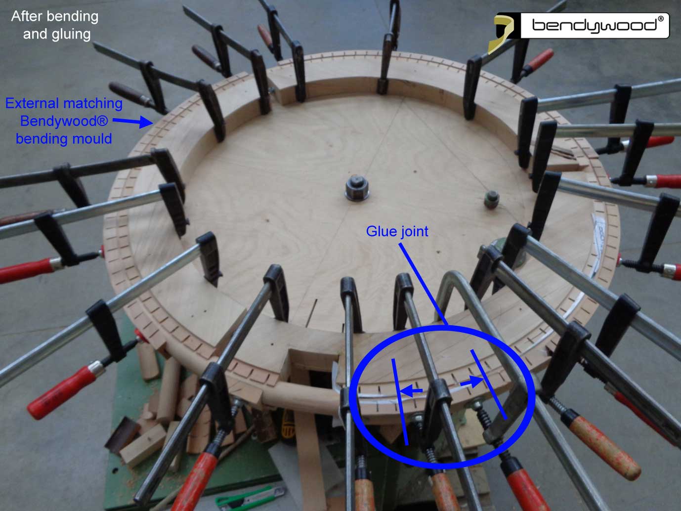 Bending mould after bending and gluing - wooden ring for pendant light